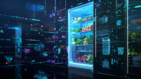 Smart refrigerator monitoring food and generating shopping list in futuristic kitchenの素材