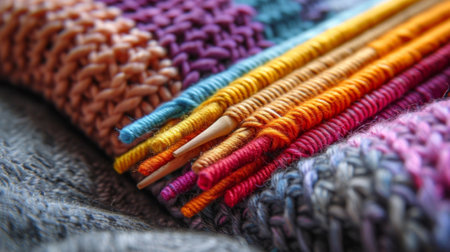 A set of colorful knitting needles sitting on a cozy armchair ready for someone to pick up and start creatingの素材