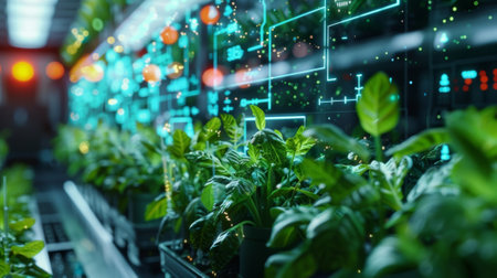 In a massive hydroponic farm a 5Gconnected robot precisely measures and delivers nutrients to each individual plant ensuring optimal health and growthの素材