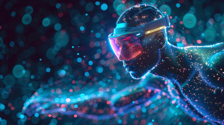 Man wearing futuristic visor immersed in metaverse experienceの素材