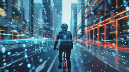 A cyclist using a 5Genabled AR app to navigate through the streets with virtual arrows and notifications guiding them to their destinationの素材