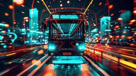 Futuristic self driving bus moving through smart city at night with augmented reality displayの素材