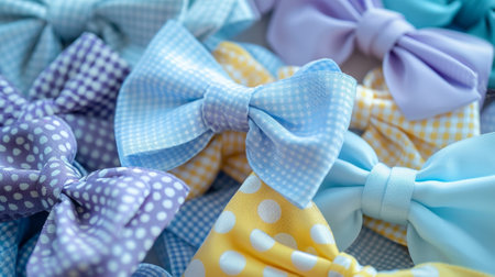 A set of vintageinspired hair bows in shades of sky blue lilac and pale yellow featuring fun patterns of polka dots stripes and ginghamの素材
