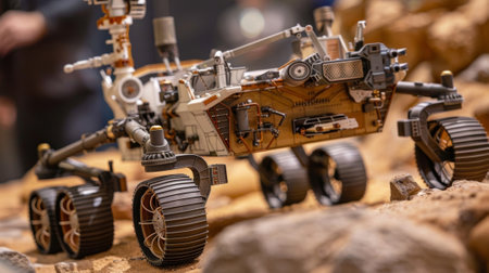 A closeup of a replica of the Mars rover with its intricate robotic arm and advanced equipmentの素材