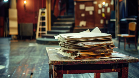 A table near the back of the stage is stacked with script books and rehearsal notes ready for the upcoming performanceの素材