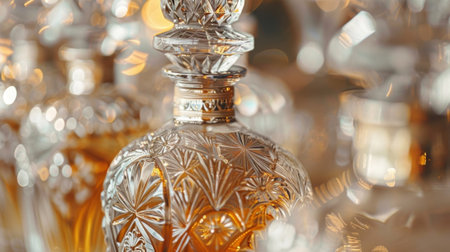 A closeup of the intricate etchings and designs on the crystal decanters used for serving spiritsの素材