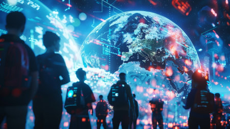 A group of activists from different countries utilizing 6G technology to plan and exee a worldwide movement for social justice and equalityの素材