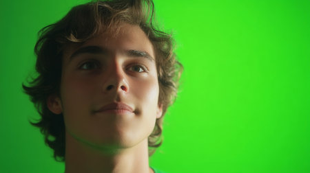 A friendly face with mediumlength hair brightly lit against a striking green backdropの素材