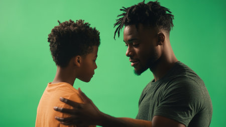 A bright green background highlights the bond between the mentor and youthの素材