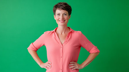 A cheerful figure with a short hair hands on hips set against a solid green backdropの素材