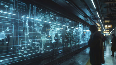 An interactive map display in a public transit station constantly updating in realtime to show the exact location of all incoming and outgoing trains buses and routesの素材