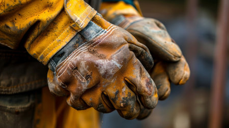 A construction workers hand firmly gripping a thick protective pair of leather work glovesの素材