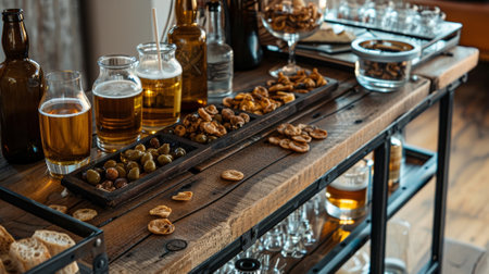 Rustic bar cart displayed with craft beer and snacks for happy hour gatheringの素材