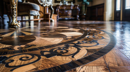 Intricate wood inlay flooring detailing in upscale homeの素材