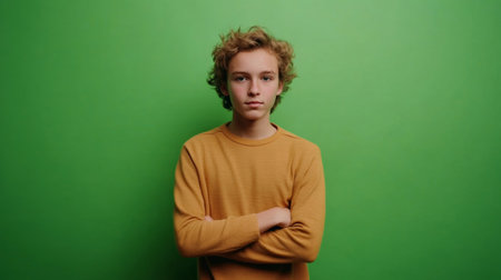 A solitary person with a peaceful expression on a vibrant green backgroundの素材
