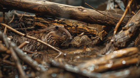 Wet beaver enjoying a relaxing moment in its natural habitatの素材