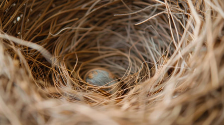 Small bird egg resting in nest made of twigsの素材