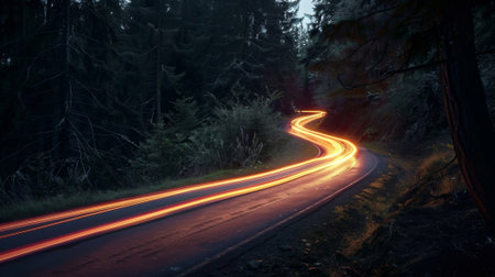 A car races through a series of hairpin turns creating an almost futuristiclooking light trail effect along the windy roadの素材