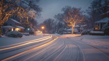 A quiet snowy neighborhood lit up by car light trails adding a touch of magic to the winter sceneryの素材