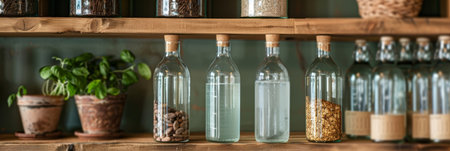 A closeup of a glass bottle of cacao water standing on a shelf next to other sustainable beverage options emphasizing its role in the movement towards environmentallyfriendly productsの素材