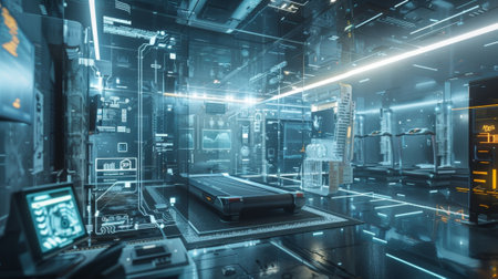 Futuristic gym showing advanced technology and treadmillsの素材