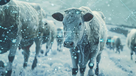 Livestock wear 6Gconnected collars that monitor their health and location providing valuable data for efficient herd managementの素材