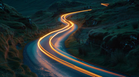 A lonely car makes its way down a narrow winding road as its taillights leave incredible light trails in its wakeの素材