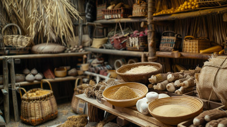 Displaying baskets of harvested crops in a rustic wooden pantryの素材