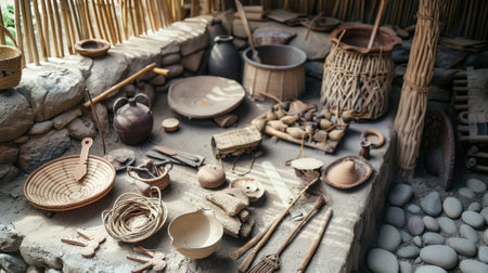 Displaying ancient tools and artifacts from the pastの素材