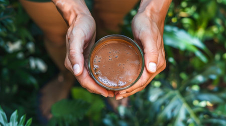 A person holding a cacao waterinfused energy drink showcasing its potential as a healthy and sustainable alternative to traditional energy drinksの素材