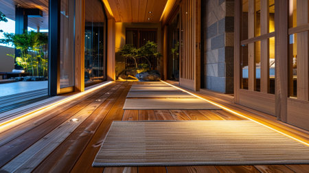 Wooden veranda of a modern japanese house illuminated at nightの素材