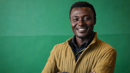 A cheerful individual with a warm smile with a deep green background that represents the richness of heritageの素材