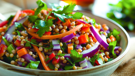 A vibrant salad made with buckwheat colorful vegetables and a zesty dressing demonstrating how this ingredient adds not only nutrition but also flavor to dishesの素材