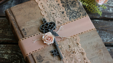 Brown kraft paper with a dusty pink lace ribbon adorned with a vintage key charm and a miniature book charmの素材