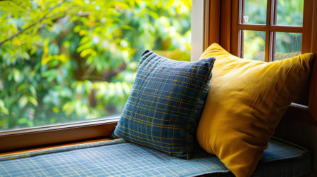 Two pillows resting on a window seat overlooking a gardenの素材