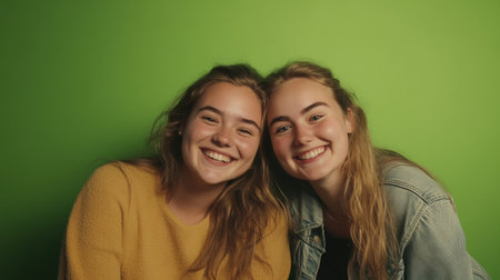 Two friends enjoying a fun moment captured in front of a serene green canvasの素材