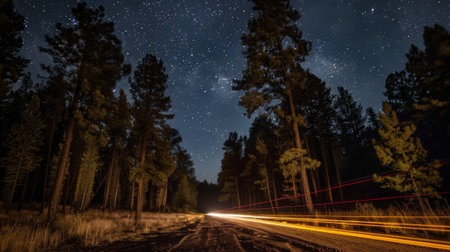 The starry sky above is mirrored in the forest floor lit up by the streaks of car light trailsの素材