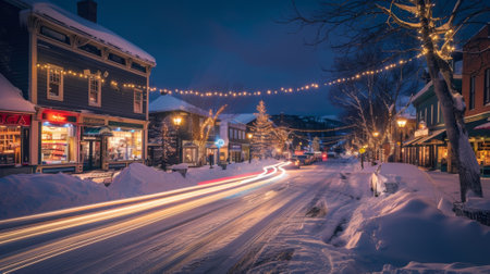 Streets lined with quaint shops and cafÃÂ©s with car light trails dancing around them making for a picturesque snowy eveningの素材
