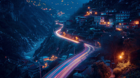 The narrow streets of the mountain village are lit up by a cascade of car light trails creating a magical atmosphereの素材
