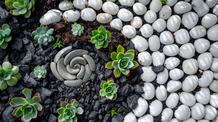 Smooth white pebbles carefully p in a spiral pattern surrounded by rich black soil and small succulent plantsの素材