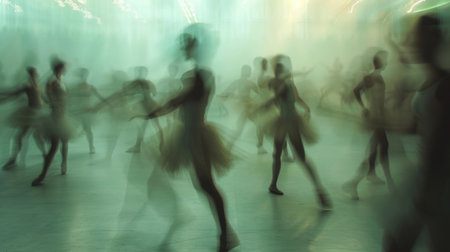 The hazy effect adds an ethereal quality to the ballet rehearsal making it feel like a dreamの素材