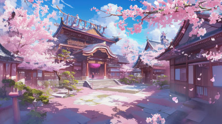 A courtyard filled with blooming cherry blossom trees creating a dreamy and romantic atmosphereの素材