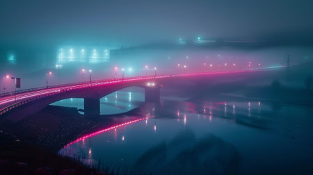 Through the mystical fog the glowing bridge and vivid car light trails become an enchanting sight while the glistening river adds to the overall mesmerizing atmosphereの素材