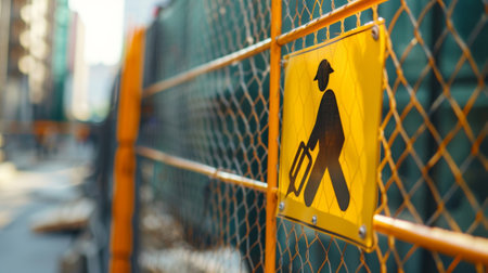 A safety reminder sign is being installed on a fence surrounding the construction site as per the safety officers recommendationの素材