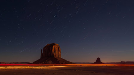 The stillness of the desert is broken by the energetic light trails of cars near the iconic monolithsの素材