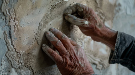 A closeup of a craftsmans hands skillfully smoothing out a newly applied layer of plaster ensuring a seamless finish on a historic wallの素材