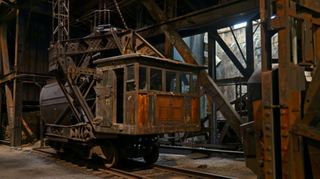 In one corner of the exhibit a restored crane with a wooden operators cab stands proudly like a giant from a bygone eraの素材