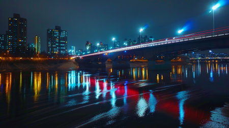 The city lights reflected in the still waters of the river while lines of car light trails paint the dark bridge overheadの素材