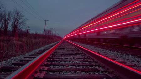 The lonely stretch of railroad tracks illuminated by the intense red and white light trails of a train speeding byの素材