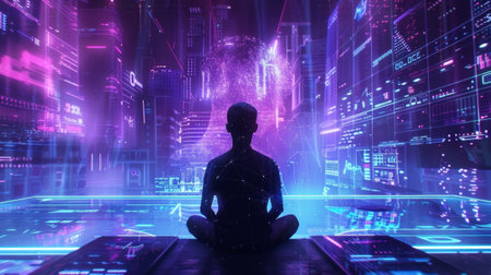 Software engineer meditating and controlling futuristic holographic city with mindの素材